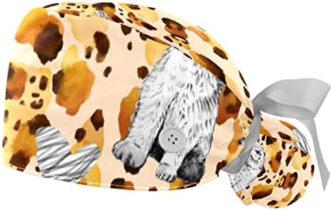 Medicinske kape za žene sa tipkama Duga kosa, 2 komada Podesiva radna kapa, Leopard Tiger Print Cat uzorak
