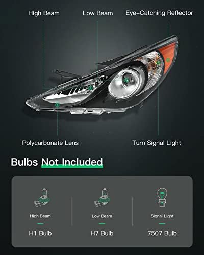 Lsailon Skupština farova zamjena Fit 2011-2014 za Hyundai Sonata Black Housing Amber Reflector Clear Lens