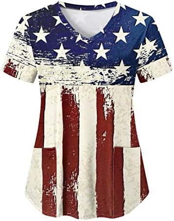 4. jula Tshirt za žene ljetni kratki rukav V vrat Tshirt sa 2 džepovima američka zastava radna odjeća Casual praznične bluze