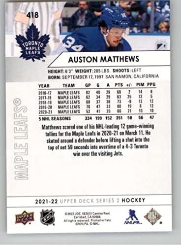 2021-22 Gornja paluba 418 Auston Matthews Toronto javorov list serije 2 NHL hokejaška trgovačka kartica