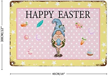 Woguangis Happy Easter Cartoon Bunny Gnome Wall Art Metal Sign Žute ružičaste točke Uskršne jaja METALNI ZNAČI SPRING SOLD HOUSE CONCONE METAL TIN znak za spavaću sobu 12x18in
