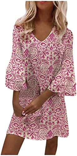 NOKMOPO haljina sa kratkim rukavima za žene Midi dužine modnog temperamenta elegantna štampana V-izrez 3/4 rukava Mini haljina
