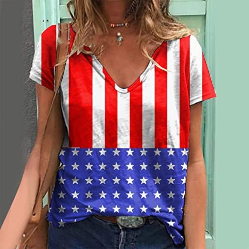 Ženske pamučne kratke rukave košulje Dan nezavisnosti za žene štampa dnevne letnje košulje za ženski V vrat rezervoar