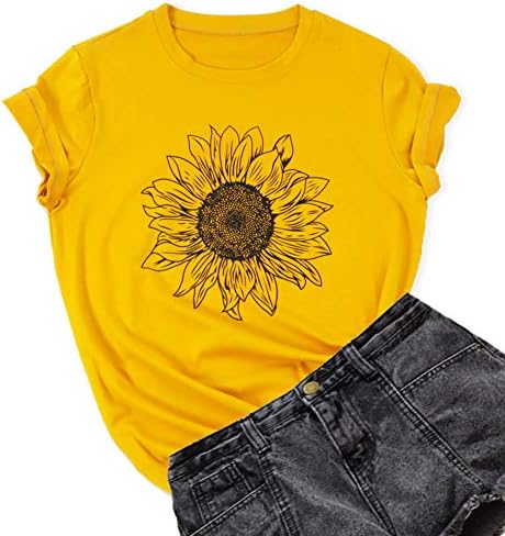 GLIGLITTR Ženski ljetni suncokret majica slatka cvijeća grafički labavi tees crew vrat kratkih rukava casual topls