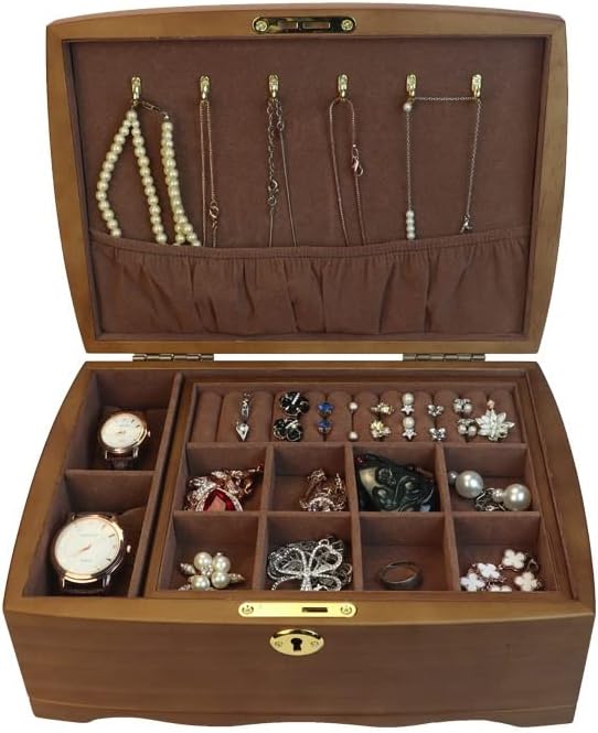 SAWQF Vintage Drvena kutija za organizatore nakita sa bravom za odlaganje ogrlica naušnice prstenovi narukvica sat nakit slučaj