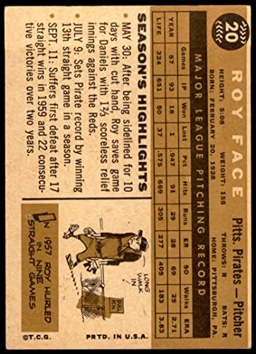 1960. topps 20 Roy Face Pittsburgh Pirates VG / Ex Pirates
