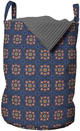 Ambesonne Marokanska torba za pranje veša, ponavljanje tamnih tonova tradicionalno orijentalno cveće u kvadratima, korpa za korpe sa ručkama zatvaranje Vezica za pranje veša, 13 x 19, tamno nebesko plava višebojna