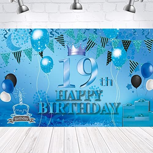 Happy 19th Birthday Backdrop Banner Blue 19th Sign Poster 19 birthday party Supplies for Anniversary Photo Booth Photography Background