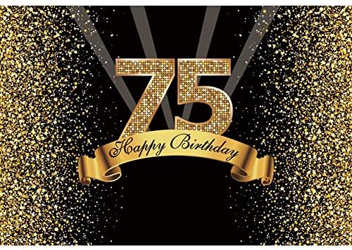OERJU 10x8ft 75th Happy Birthday Backdrop Black Gold Poster Shiny Glitter Golden pjenušave tačke šljokice Spot Light Ribbon 75 godina