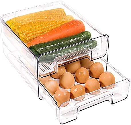 elabo 32 Grid držač jaja velikog kapaciteta za frižider, dvoslojni tip fioke, multifunkcionalne kante za organizatore frižidera, prozirna plastika bez BPA, sa uklonjivim ladicom za jaja i odvodnom ladicom