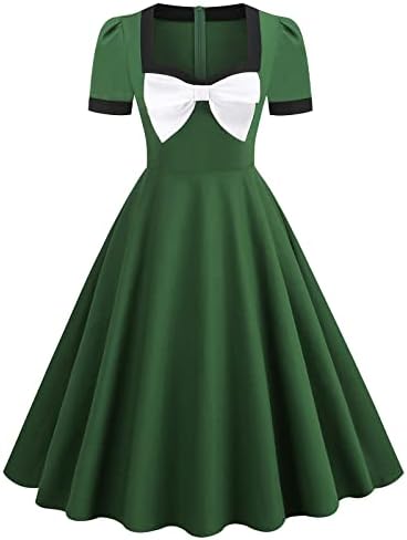 Ženska princeza haljina elegantan kvadratni luk vrat kratki rukav čvrsta Vintage linija Swing Skater haljina