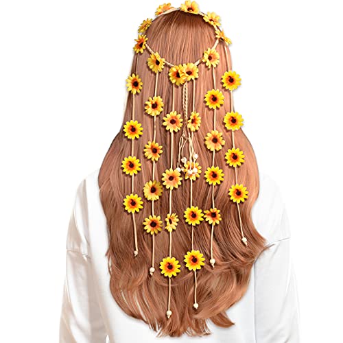 Sucrain 2kom cvijet hipi traka za glavu Floral Crown Summer Sunflower Hair Accessories za 70 s boemskim kostimima