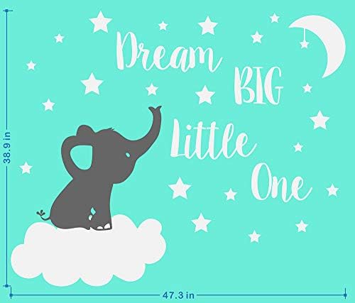 Dream Big Little Jedan naljepnica s jednim slonom, citat zidne naljepnice, zidni dekor za bebe, vinilni zidni naljepnice za djecu Dječja dječaka Dječja dječja spavaća soba