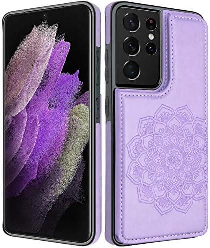 MMHUO za Samsung Galaxy S21 Ultra slučaj sa držačem kartice, Flower Back Flip Case za Samsung S21 Ultra 5G novčanik slučaj za žene zaštitne Case Galaxy S21 Ultra Phone Case, ljubičasta