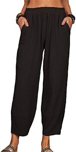 Maiyifu-GJ ženske pamučne lanene kapri pantalone za jogu Ležerne vezice sa labavim pantalonama na plaži visokog struka široke pantalone sa džepovima