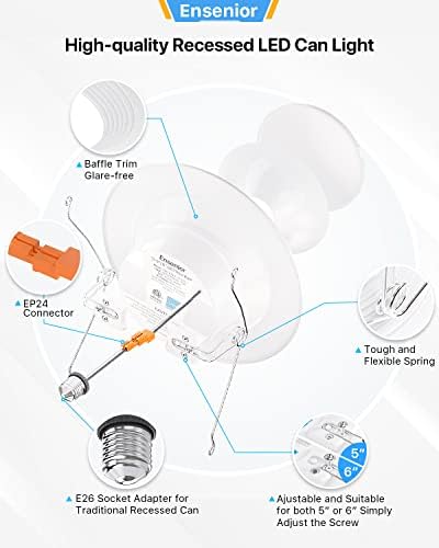 Ensenior 4 Pakovanje 5/6 inča LED svjetla za limenke Retrofit Ugradna rasvjeta, Metal Smooth Trim, 6000K hladno bijela, 12W=110W,