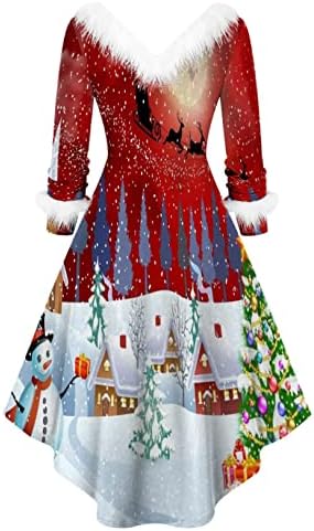 Božićne haljine za žene Žene Božićno umjereno-plišanje s dugim rukavima V ovratnica asimetrična haljina za zabavu