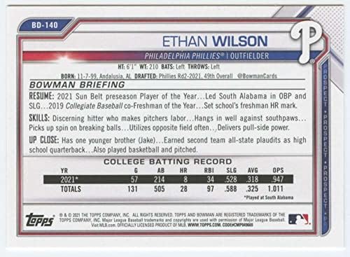 2021 Nacrt Bowman BD-140 Ethan Wilson RC Rookie Philadelphia Phillies MLB bejzbol trgovačka kartica