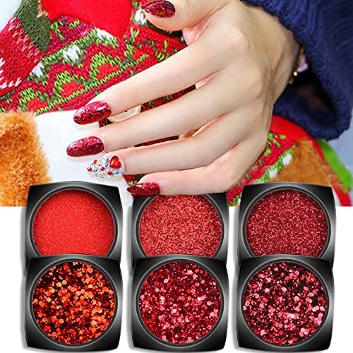 6 kutija holografski Nail Art Glitter Powder šljokice crveni Kristal dijamant puder za nokte Valentinovo metalik Shining Flakes Set