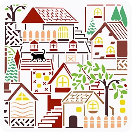 Fingeinspire Houses Mali grad Slikarstvo 11.8x11.8 inča za višekratnu stabla Mačja obrtni šablon plastični kućni ljubimac Građevinski