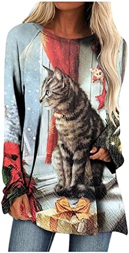 Ženske 3d mačke Print majice Dugi rukav Casual Crewneck pulover vrhovi dame Božić slatka grafički tunike bluza