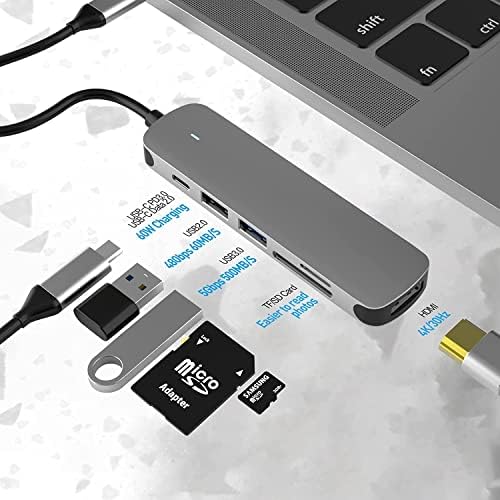 USB C HUB, USB C Adapter 6 u 1 sa USB 3.0, 4K-HDMI, USB C veza/PD, čitač SD / TF kartica, priključna stanica kompatibilna sa MacBook