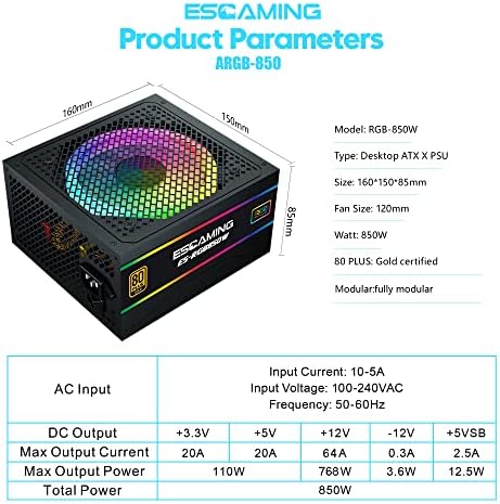 Esgaming napajanje 850 Watt, 80+ Zlatni sertifikat, potpuno modularno RGB napajanje, ATX 12V aktivno PFC napajanje, 10 godina garancije