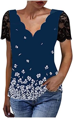 Ženske grafičke majice uvrtanje dekolte scoop čipka Top majice kratki sljezni rukav ručak patchwork tshirts e1