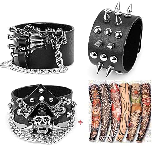 Yariew 3pcs Spike kožna narukvica + 6pcs Privremene tattoo rukave 6 paketa Paisley Bandanas Head Bands