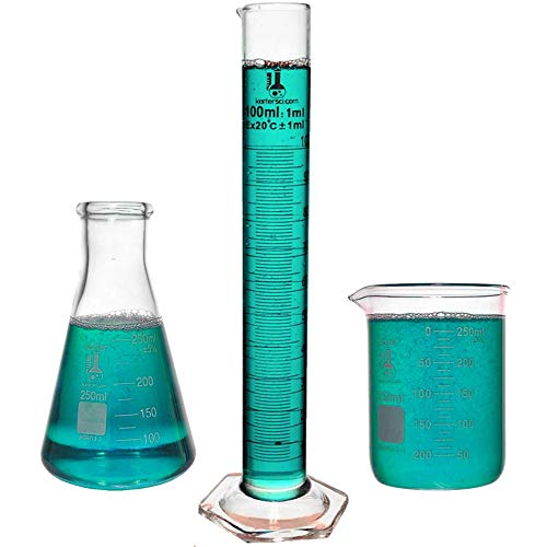 Čaša, Pljoska, Cilindar Set, 3.3 Boro. Staklo - 3 komada-čaša od 250 ml, tikvica od 250 ml i cilindar od 100 ml, Karter Scientific