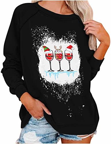 Božićna dukserica za žene Trendi modna izbijeljena gornja bluza vinska stakla Ispis labavi fit dugih rukava majica pulover