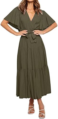 Chambray prugasta haljina ljetna haljina za žene casual ruffle haljine s kratkim rukavima zamotavanje V izrez majke mladenke