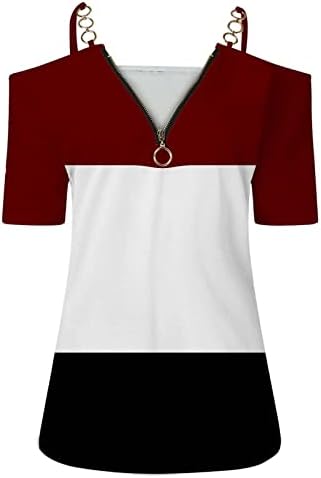 2023 Ženska bluza Dressy casual kratki rukav V izrez Zip up košulje Colorblock Tunic Top Sexy Off rame Basic Tee vrhovi