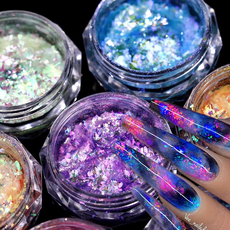 3pack Crystal Fire Opal Flakes Nail šljokice ljubičasti holografski Glitter DIY Hromirani prah za proljetne nokte Mermaid Nail šljokice