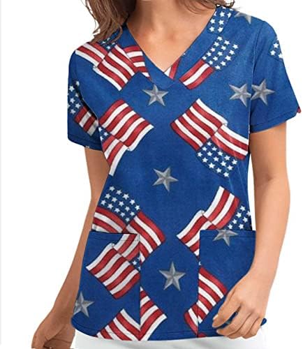 4. jula bluza za žene američka zastava ljetne kratke rukave V-izrez majice sa 2 džepa bluza Top Holiday Casual Workwear