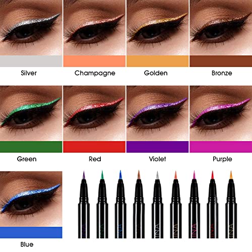 Liquid Shimmer Eyeliner Glitter, DE'LANCI Colorful eye Liner Glitter Makeup Set, 9 Metalik Boja vodootporna Smudge proof pjenušava