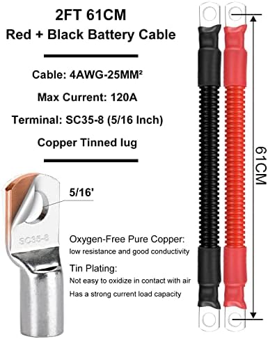 Dihool 4 AWG Gauge baterija Inverter kablovi Set sa terminalima, Crvena+Crna 2 ft 5/16 ušice