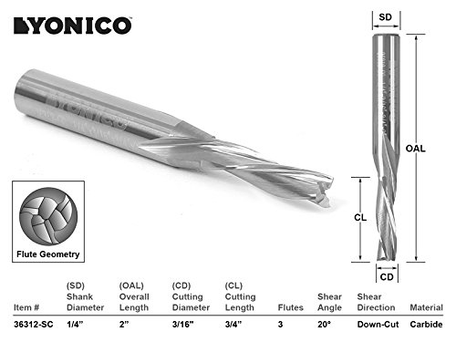 Yonico downcut usmjerivača Spiral 3 Flute čvrsti karbid CNC nisko-helix krajnji mlin 3/16-inčni dia 1/4-inčni štitnik 36312-sc