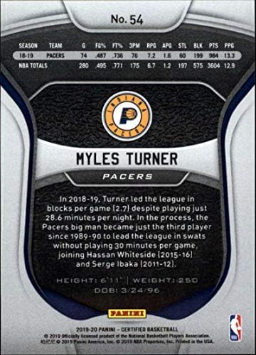 2019-20 certificirano NBA ogledalo crveno 54 Myles Turner Indiana Pacers Službena paninija košarkaška trgovačka karta