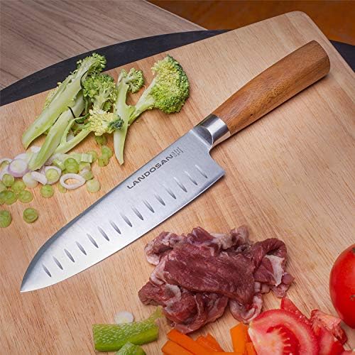 LANDOSAN Santoku nož 7-inčni kuhinjski noževi Oštrica od povrća od nerđajućeg čelika za jelo od originalnog drveta za kućnu kuhinju