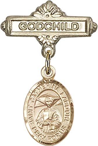 Jewels Obsession Baby Badge sa šarmom St. Catherine Laboure i iglom za kumče / 14k Zlatna značka za bebe sa šarmom St. Catherine Laboure