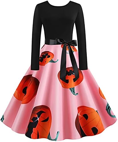 Halloween Dress for Women 1950s Vintage duge rukave Swing haljine bundeve Print Dress Retro O vrat Rockabilly Costume