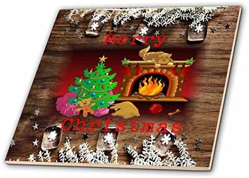 3drose slika psa i mačke sa kaminom božićno drvo na seoskim drvenim pločicama
