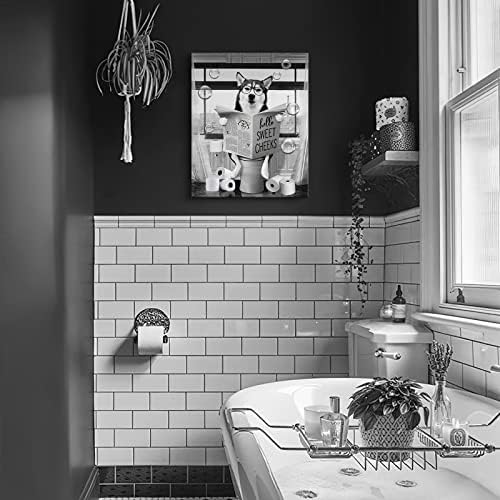 Smiješni zidni pas Haski Umjetnost crno-bijeli pas kupaonica Print seoska kuća kupatilo životinje zidni dekor pas sjedi u toaletu