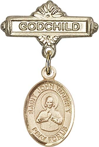 Jewels Obsession Baby Badge sa šarmom St. John Vianney i iglom za značku Godchild / 14k Zlatna značka za bebe sa šarmom St. John Vianney