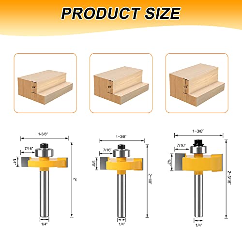 1/4 inčni set Rabbet rutera, 3 komada bita za ruter sa 6 ležajeva postavljenih izmjenjivih ležajeva