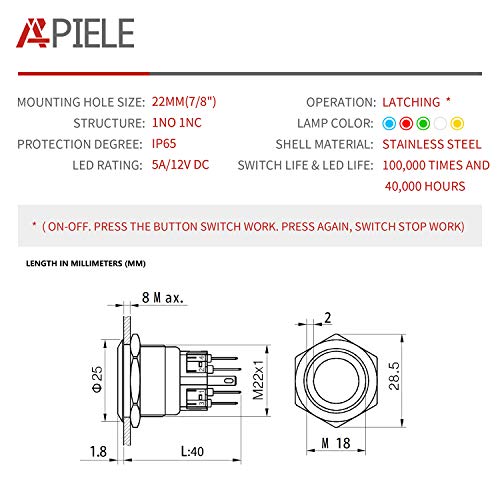 Apiele 22mm zasumni gumb prekidač 12V Angel Eye LED vodootporan od nehrđajućeg čelika okrugli metal samo-zaključavajući 7/8 '' 1Ne