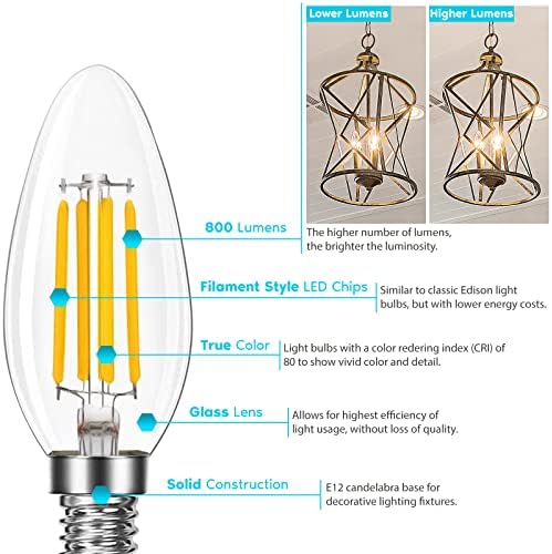 LUXRITE kandelabra LED sijalice 100 W ekvivalentno, 800 lumena, 3500K prirodno bijele, 7W, B11 luster sijalice sa mogućnošću zatamnjivanja,