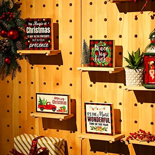 4 komada Tinered ladica Božićni znak Dekor Drvo Drveni božićni ukrasi Buffalo Plaid Wood Plaketa Rustikalna sretan božićni potpis