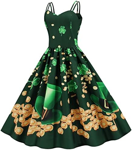 Ženska St Patricks Day Dress Lucky Clover Print Crew Vrat Bez Rukava Linija Patchwork Swing Večernje Haljine